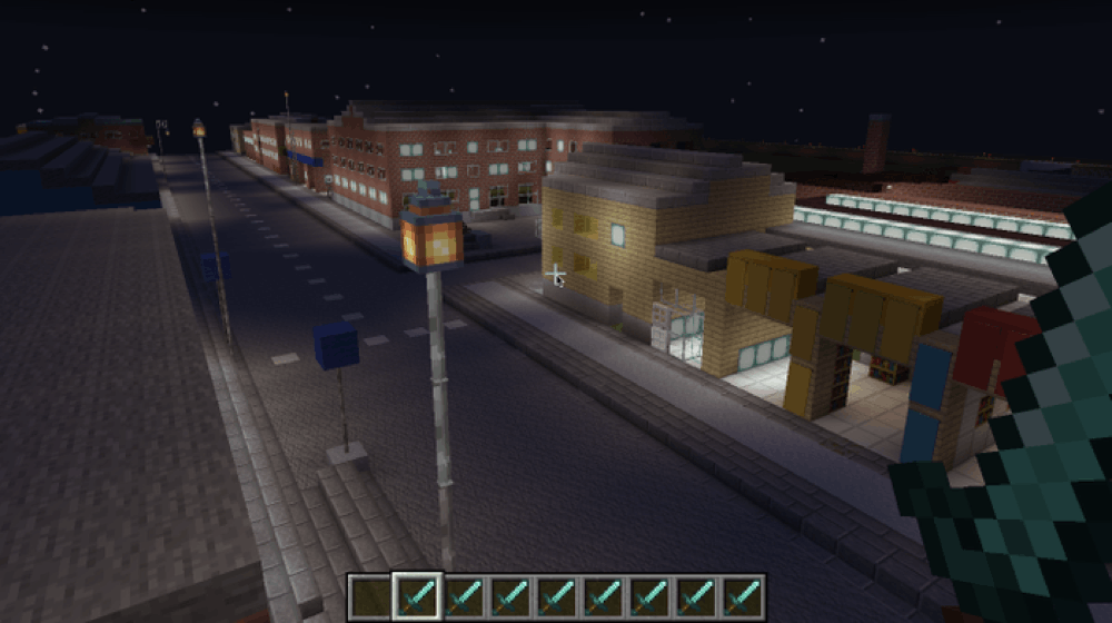 A nightime view of Norra Grängesbergsgatan 20 on the NGBG Minecraft server